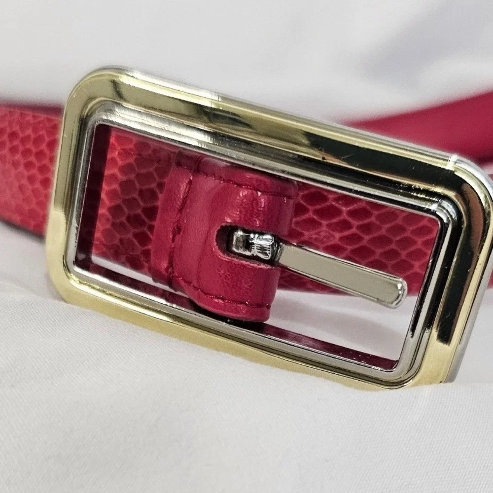 Red Faux Snakeskin Skinny Belt Gold‎ Tone Rectangular Buckle Textured 34.5 Inch